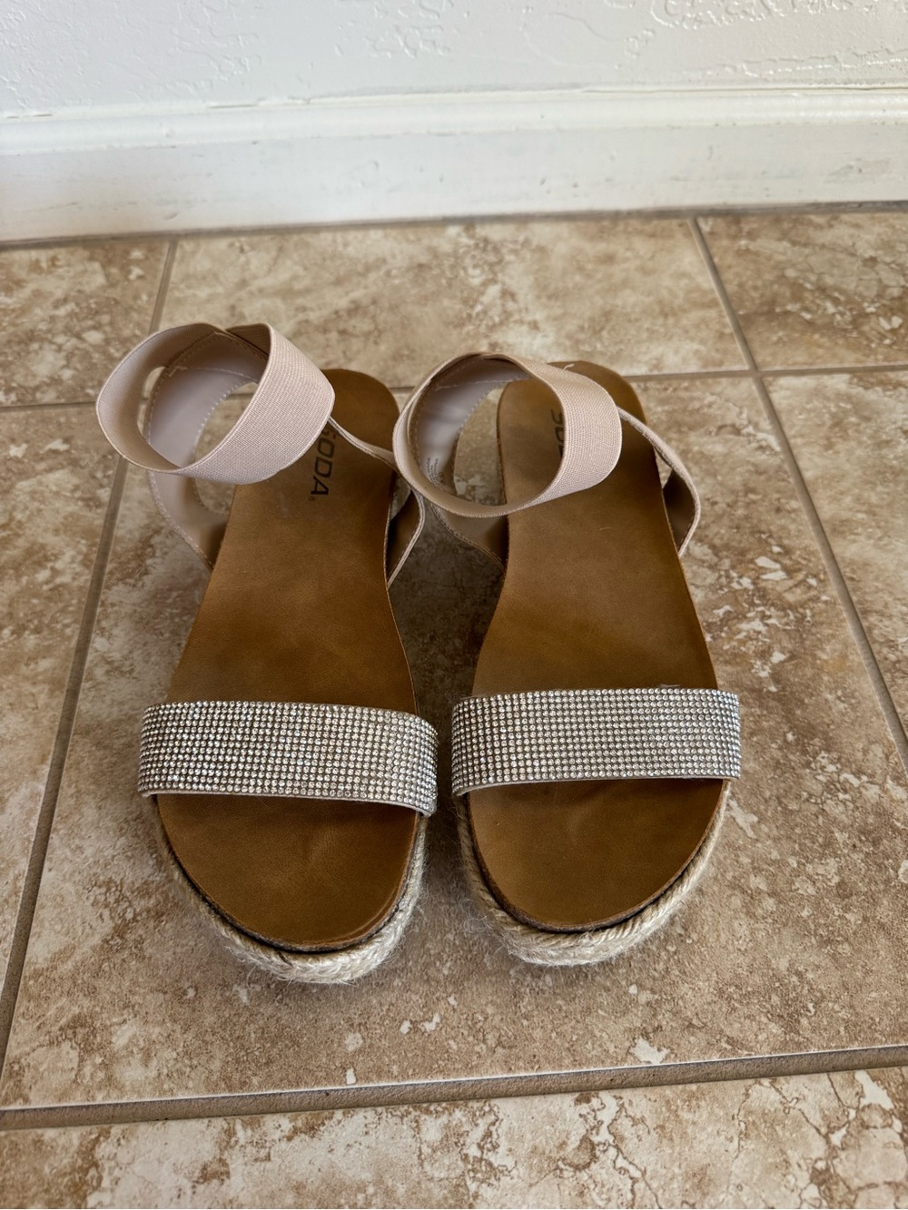 Soda Tan Espadrille Platform Sandals with Rhinestone Toe Strap